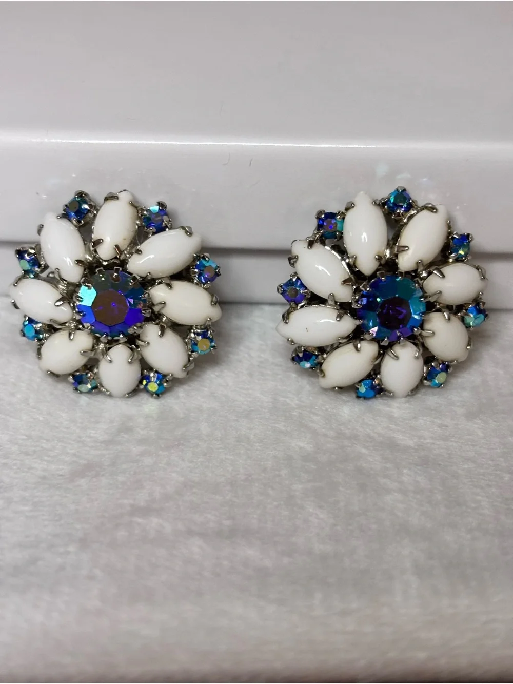 Vintage Signed WEISS Milk Glass Blue AB Rhinestone Clip Earrings